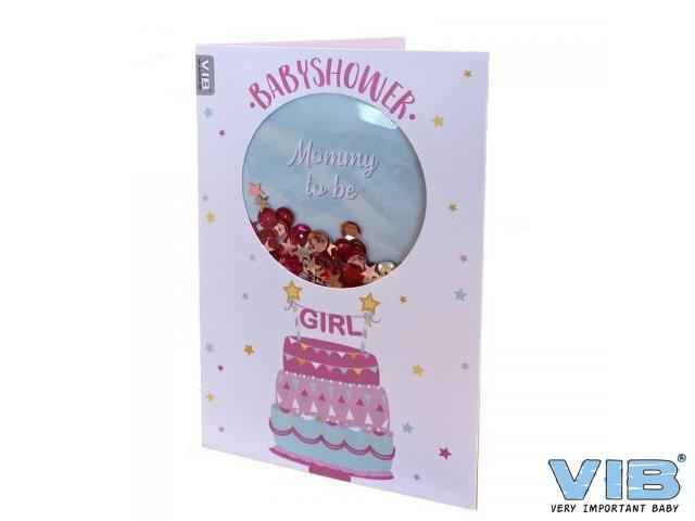 Wenskaart schudbaar met pailleten baby shower girl