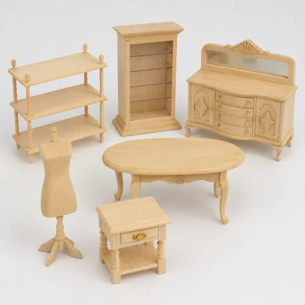 Blankhouten poppenhuis meubels