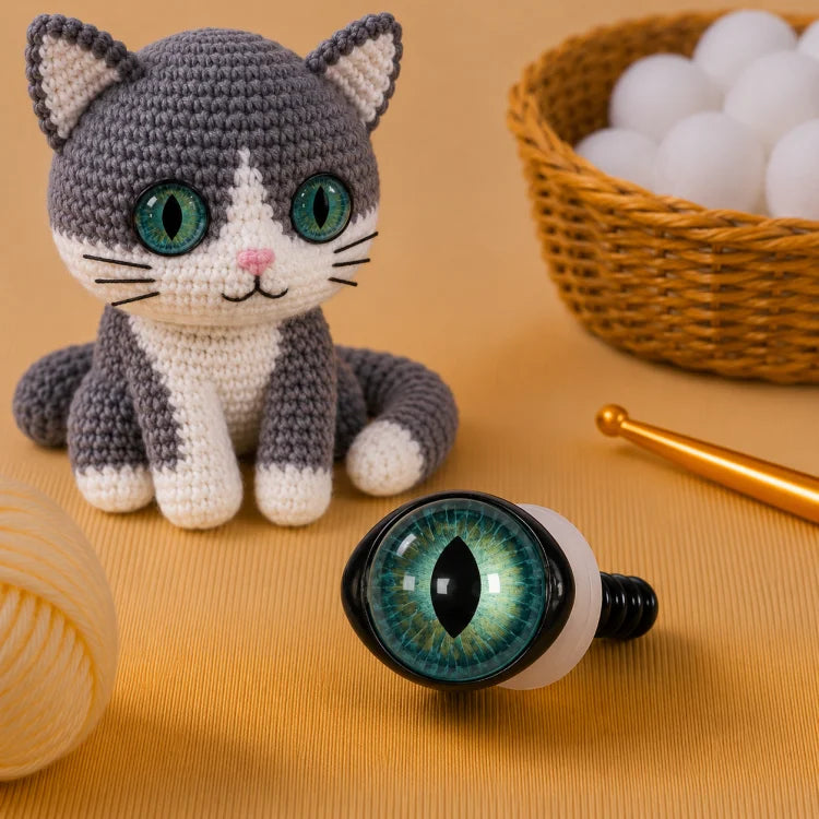 Blauwe kunststof kattenogen met verticale pupil en veiligheidssluiting voor amigurumi, gehaakte katten en knuffels