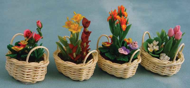 Bloemen in rieten mand, 4 stuks