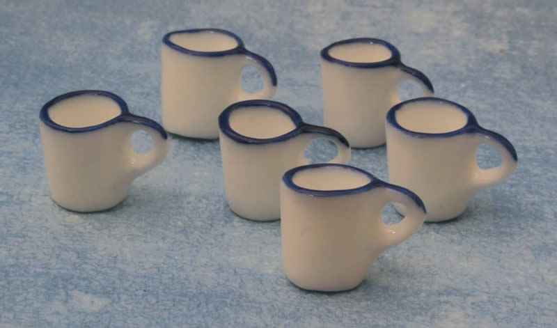 Witte mokken met blauwe rand, 6 stuks