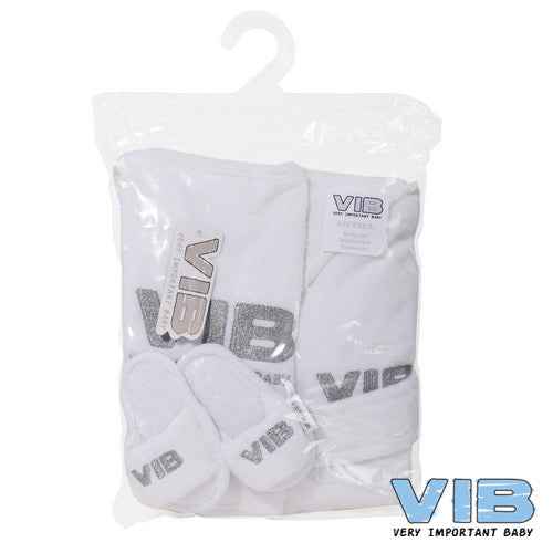 Giftset Wit Badjas62-68/Slabber/Slippers Wit+Zilver