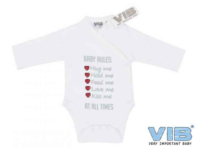Overslag Romper 'BABY RULES: Hug me, Hold me, Feed me, Love me, Kiss me, AT ALL TIMES' Wit Grijs