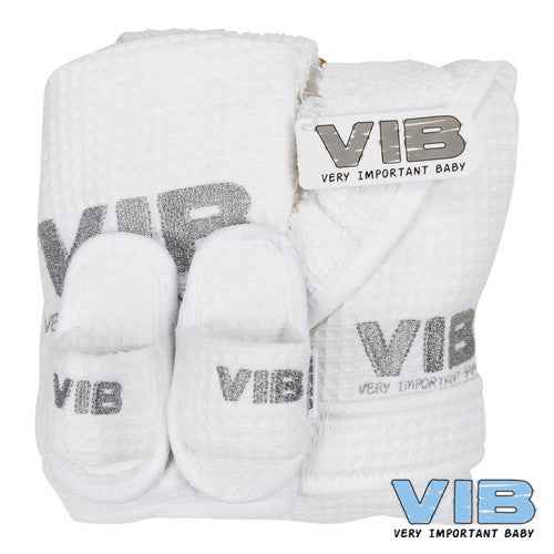 Giftset Wit Badjas62-68/Slabber/Slippers Wit+Zilver