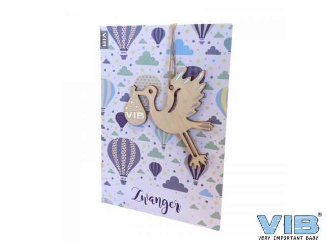 Wenskaart met houten hanger Ooievaar 'Zwanger'