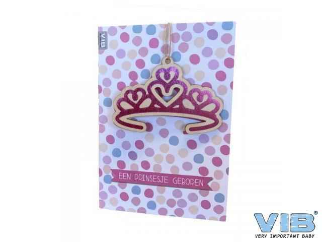 Wenskaart met houten hanger tiara 'Een prinsesje geboren'