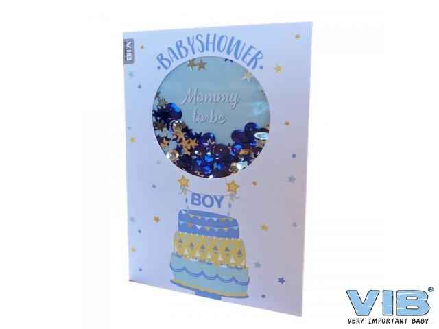 Wenskaart schudbaar met pailleten baby shower boy blauw
