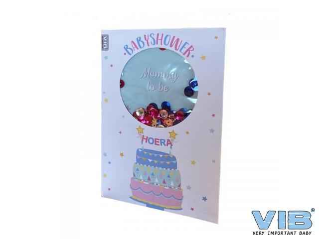 Wenskaart schudbaar met pailleten baby shower uni